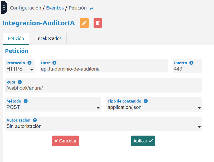 Aba Requisição do evento na Anura
