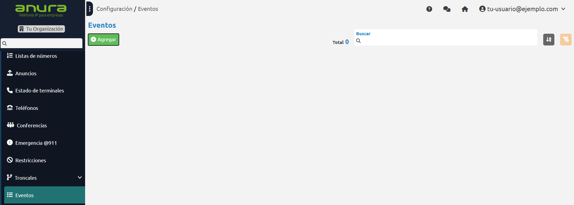 Lista de eventos na Anura com o botão Adicionar