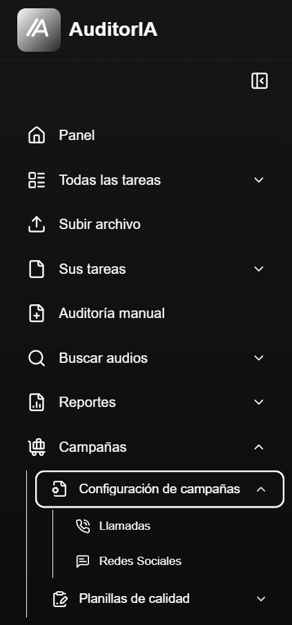 Menu de Campanhas com chamadas, redes sociais e planilhas