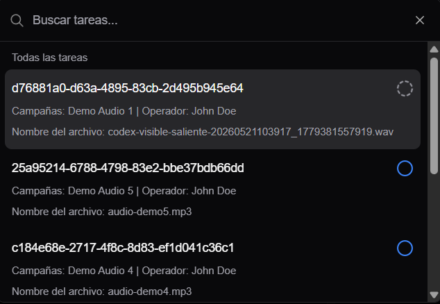 resultados do buscador de tarefas com ID, campanha, operador e arquivo