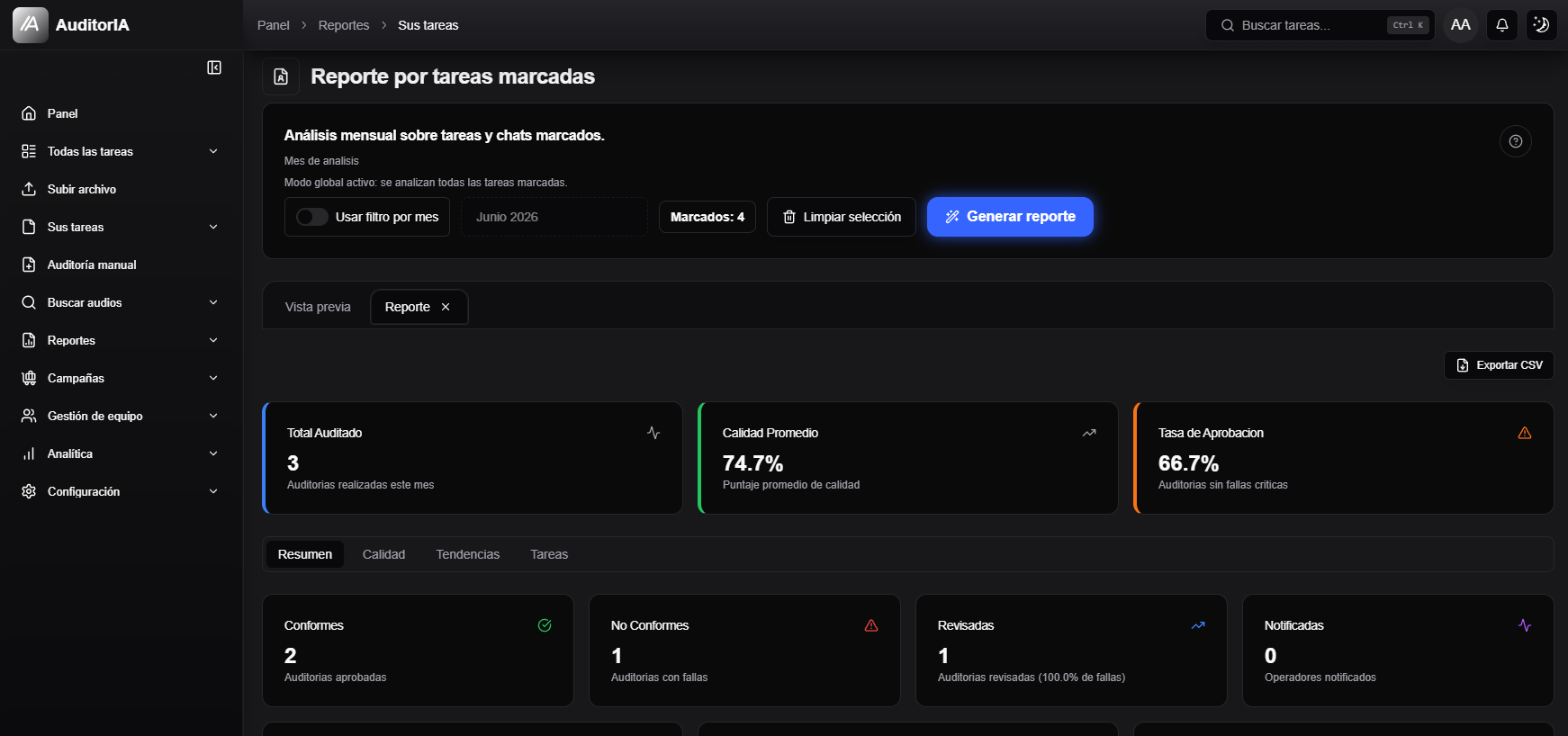 relatorio por tarefas marcadas gerado com aba Reporte e cards de resumo