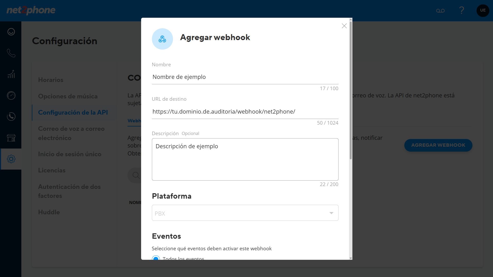 Formulário para adicionar webhook no Net2Phone