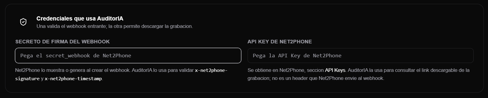 Campo Segredo de assinatura do webhook no AuditorIA