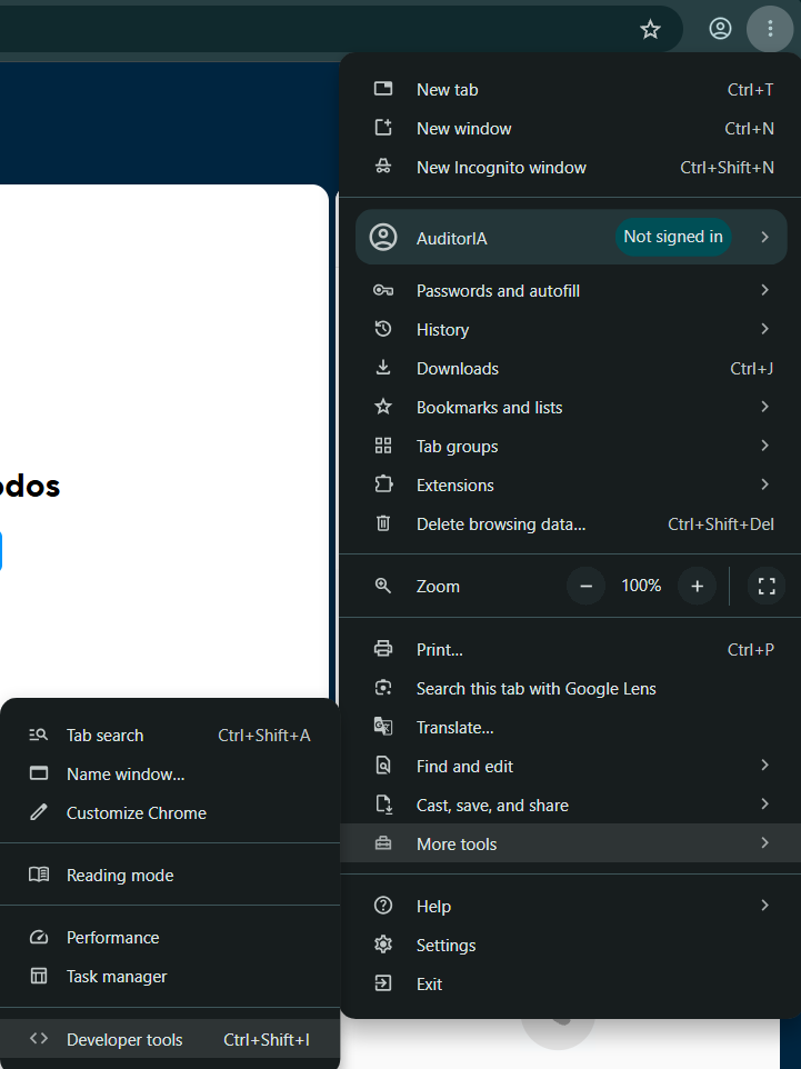 Menu do Chrome para abrir Ferramentas do desenvolvedor