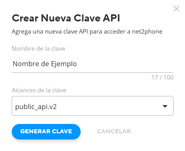 Scope public_api.v2 ao criar uma API Key no Net2Phone