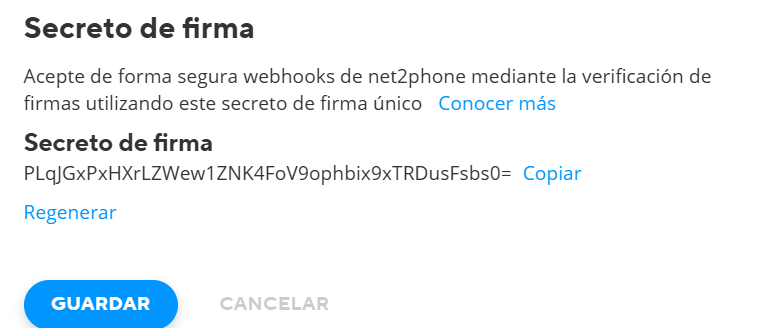 Segredo de assinatura do webhook no Net2Phone