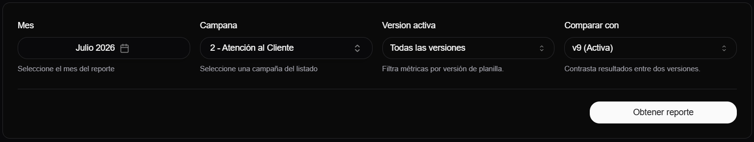 filtros do relatório mensal para mês campanha versão e comparação