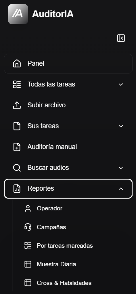 menu lateral de Reportes com Operador, Campanas, Por tareas marcadas, Muestra Diaria e Cross Habilidades