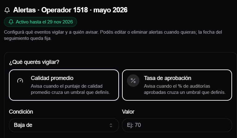 configuracao de alerta por qualidade media
