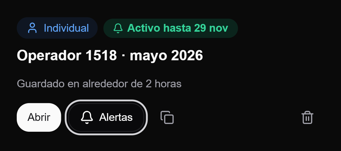 botao Alertas em um cartao de acompanhamento