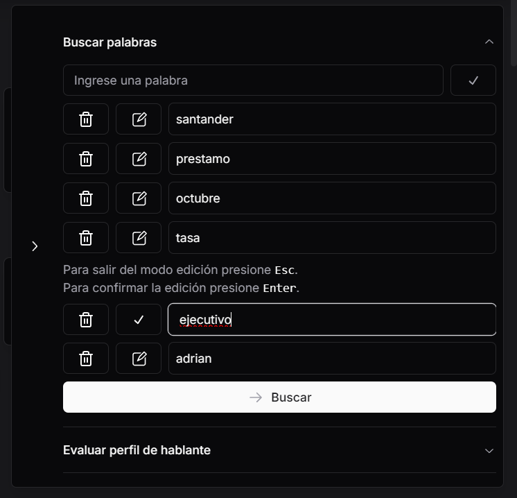 Painel de busca de palavras com lista editável